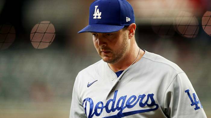 Oct 16, 2021; Cumberland, Georgia, USA; Los Angeles Dodgers starting pitcher Corey Knebel (46) walks to the dugout against the Atlanta Braves during the first inning in game one of the 2021 NLCS at Truist Park.